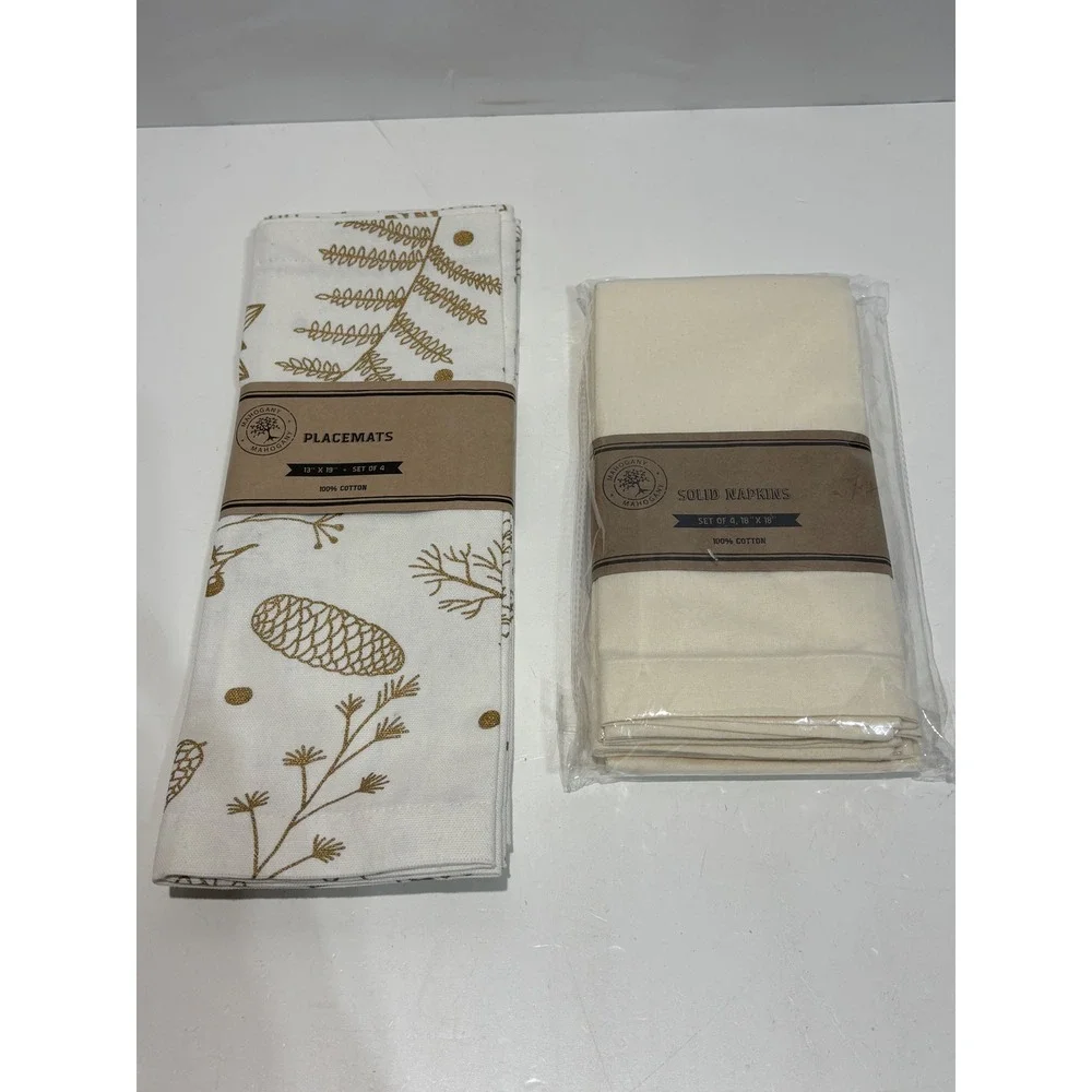 Mahogany 4 Placemats 4 Napkins Set 8pc White Gold Pinecone Cotton Holiday Decor